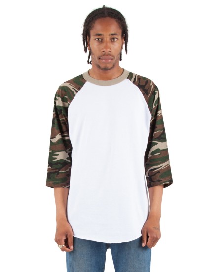 Shaka Wear SHRAGCM Adult Three-Quarter Sleeve Camo Raglan T-Shirt